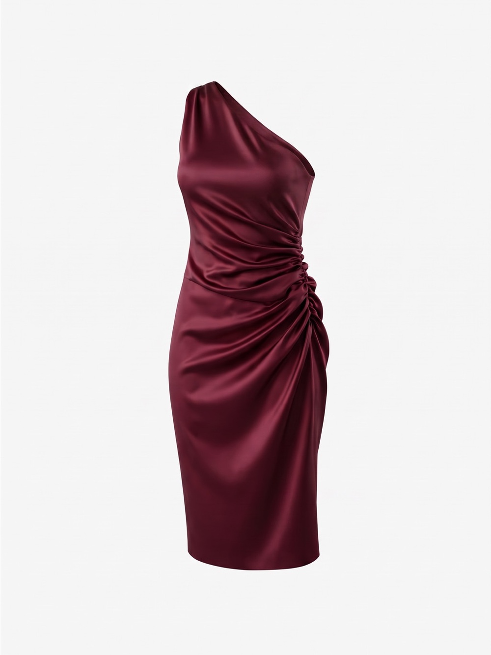 One-Shoulder Burgundy Satin Ruched Cocktail Dress